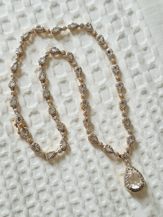 Unsigned Jewelry - Vintage Gold Vermeil Teardrop Crystal Necklace